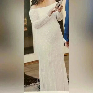 Adrianna Papell Off the shoulder beaded sequin floor length long gown ivory Sz 8